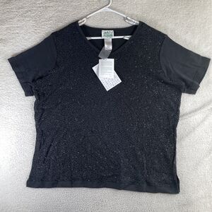 Quacker Factory Shirt Top Womens 2X Beaded QVC Black V-Neck Short Sleeve